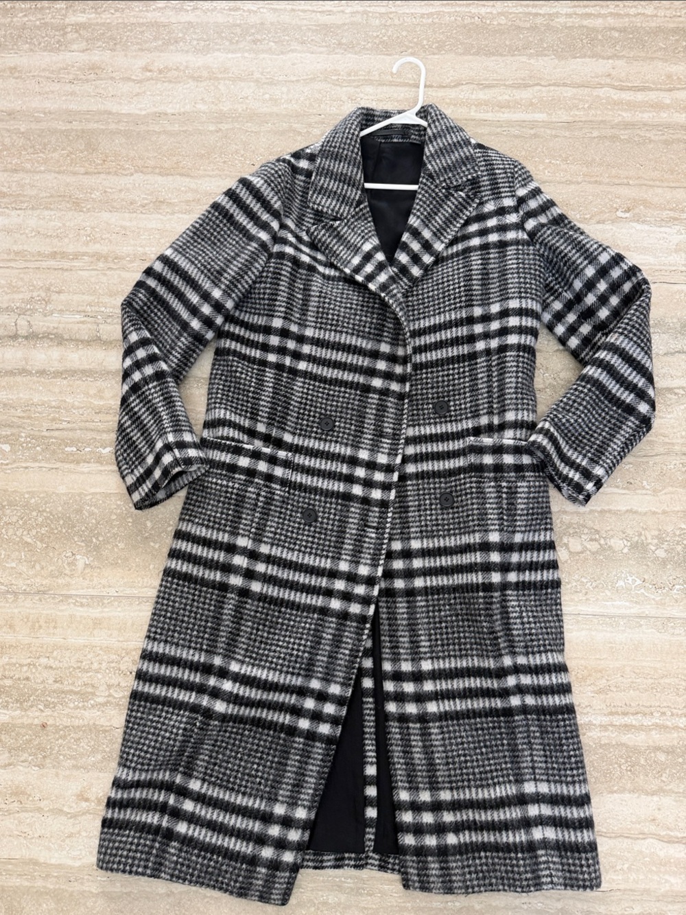 AllSaints Black & White Plaid Double-Breasted Long Pea Coat